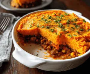 Golden baked Sweet Potato Shepherd’s Pie topped with creamy mashed sweet potatoes and savory filling.