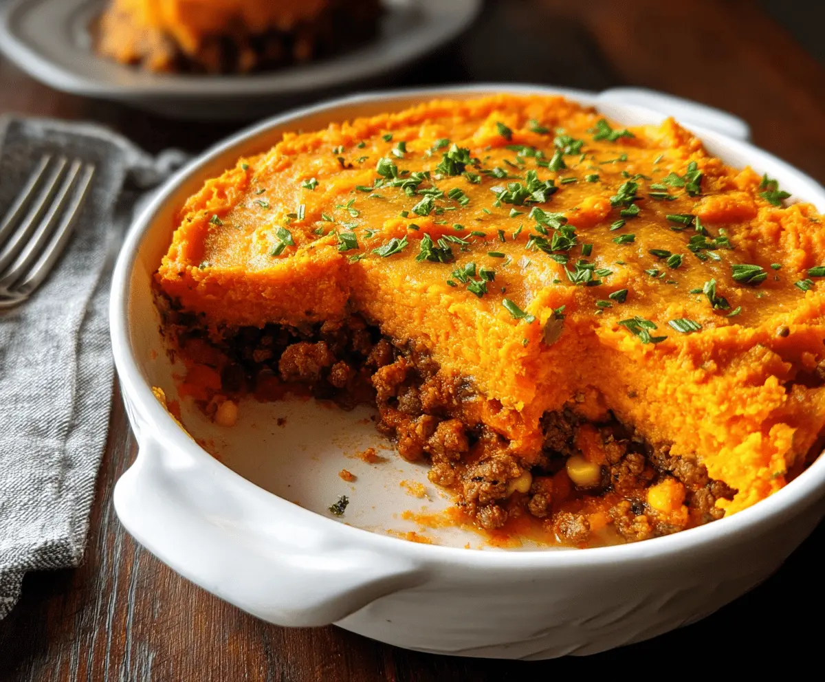 Golden baked Sweet Potato Shepherd’s Pie topped with creamy mashed sweet potatoes and savory filling.