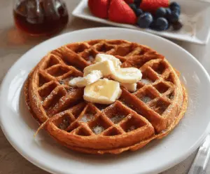 Delicious homemade sweet potato waffles served with syrup and fresh berries.
