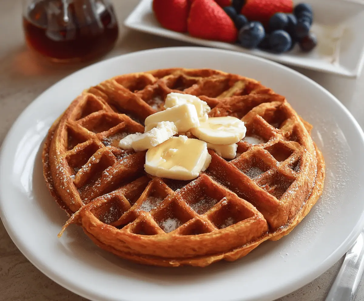 Delicious homemade sweet potato waffles served with syrup and fresh berries.
