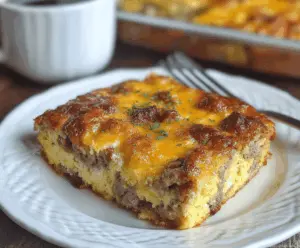 Delicious 4 Ingredient Sausage Breakfast Casserole with melted cheese and crispy sausage slices.