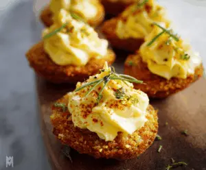 Creamy Air Fryer Deviled Eggs on a white plate with paprika garnish