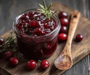 Delicious homemade cranberry sauce by Alton Brown in a glass bowl with fresh cranberries and orange zest.