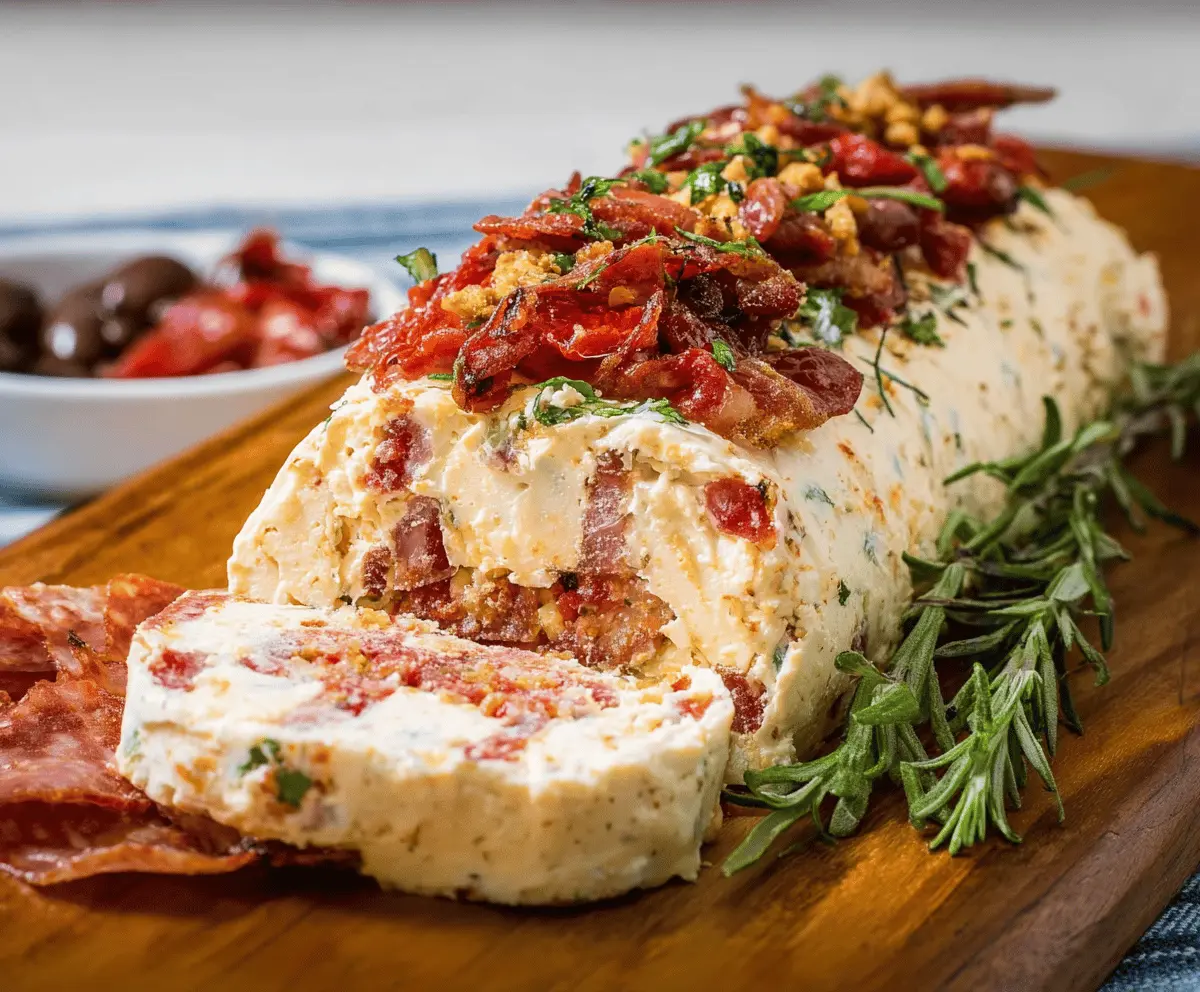 Refreshing Antipasto Cheese Log with assorted meats and vegetables for appetizer