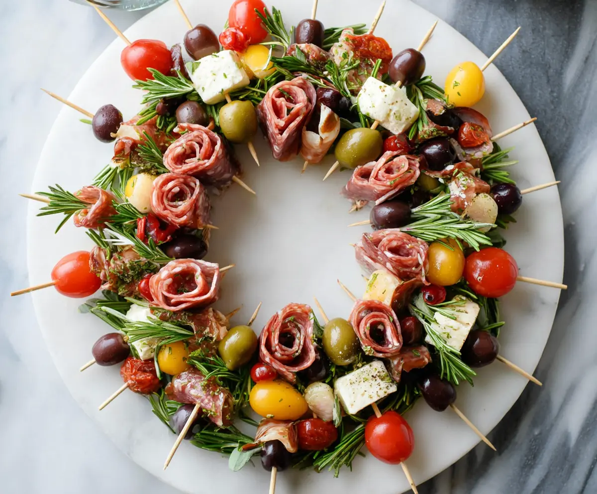 Colorful antipasto wreath skewers with assorted cured meats, cheeses, and vegetables for appetizer presentation.