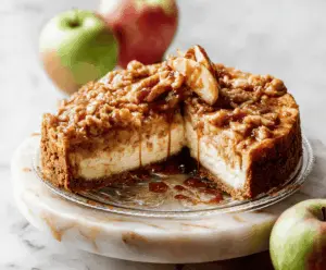 Delicious apple pie cheesecake topped with cinnamon and fresh apple slices, perfect for dessert.