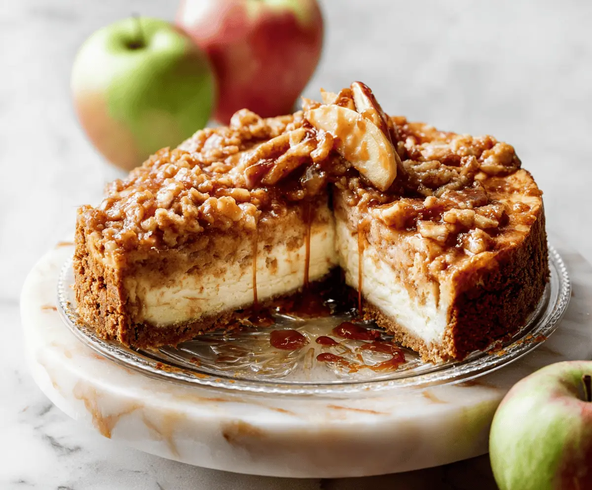 Delicious apple pie cheesecake topped with cinnamon and fresh apple slices, perfect for dessert.