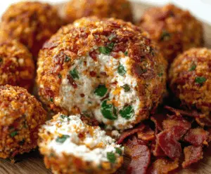 Delicious Bacon Jalapeño Popper Cheese Ball with crispy bacon, spicy jalapeños, and creamy cheese on a platter.