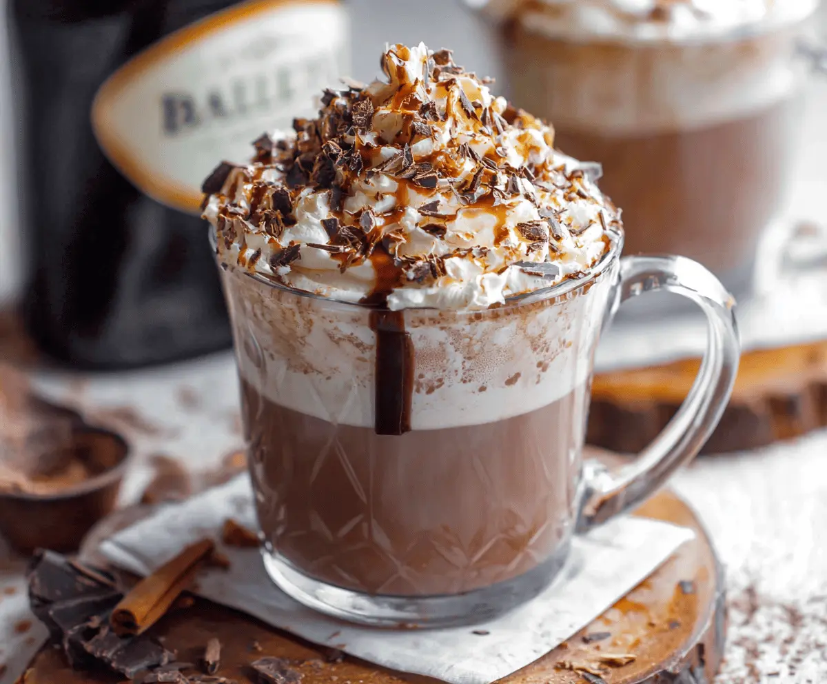 Creamy Baileys Hot Chocolate in a mug topped with whipped cream and chocolate shavings.