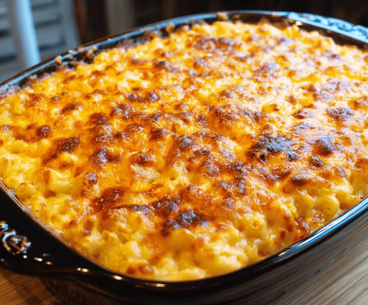 Creamy baked mac and cheese in a baking dish topped with golden cheese crust