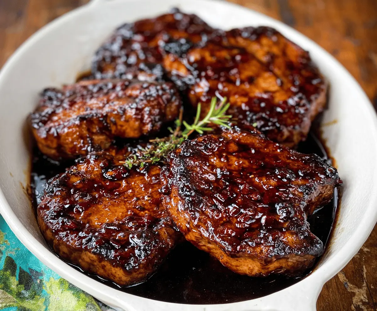 Delicious balsamic glazed pork chops served with fresh herbs on a white plate.