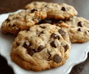 Delicious homemade Bills Chocolate Chip Cookies with golden edges and melted chocolate chips.