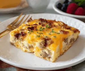 Delicious Bisquick breakfast casserole with eggs, cheese, and sausage in a baking dish.