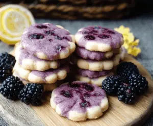 Delicious black raspberry and lemon shortbread cookies on a white plate, perfect for dessert or tea time.