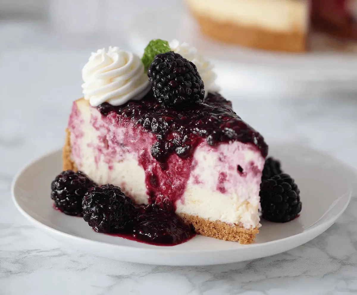 Delicious blackberry raspberry cheesecake with creamy texture and fresh berry topping.