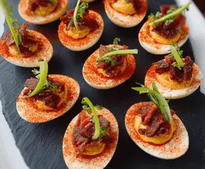 Bloody Mary Deviled Eggs garnished with celery and olives, perfect for brunch.