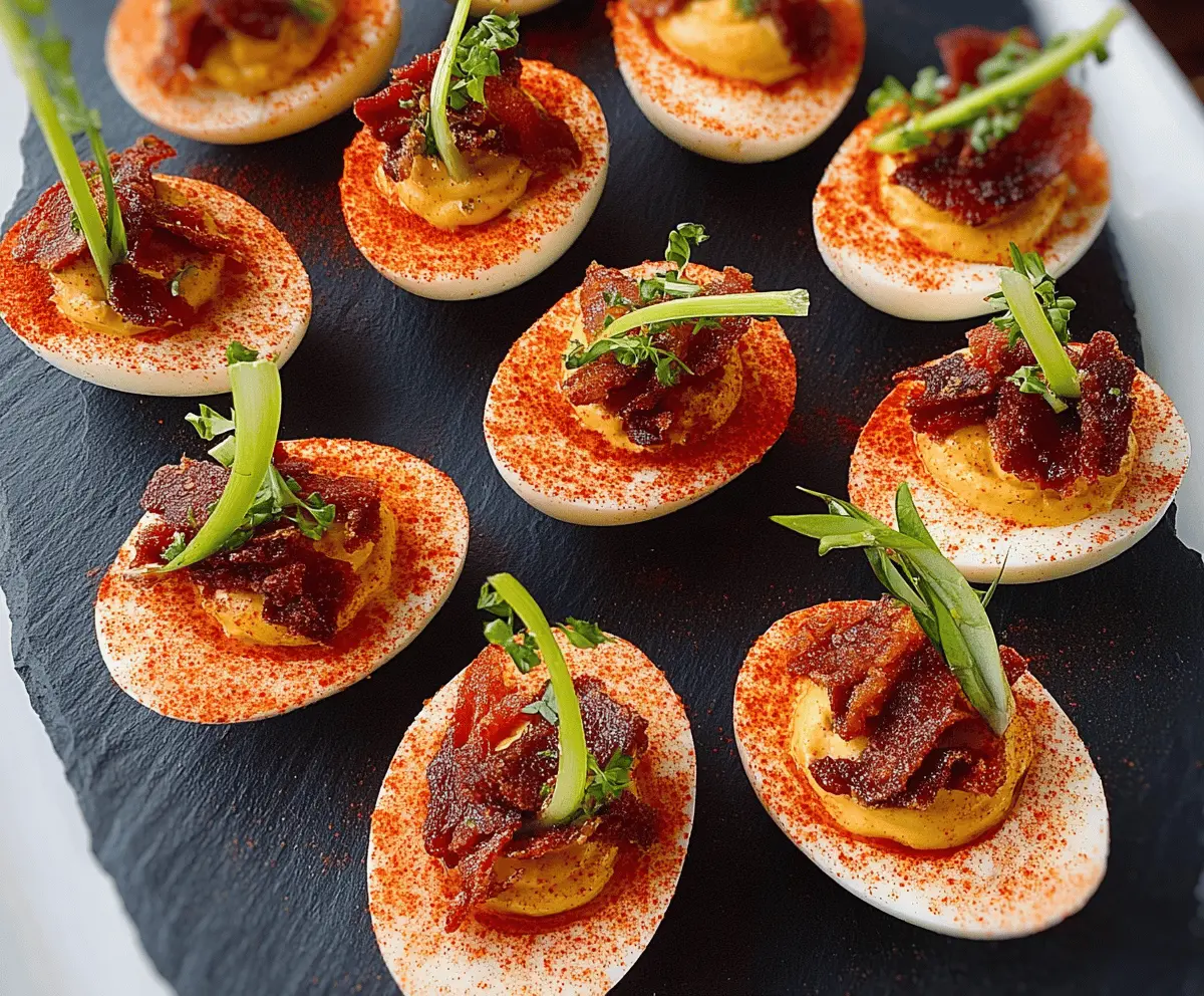 Bloody Mary Deviled Eggs garnished with celery and olives, perfect for brunch.