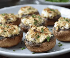Delicious Boursin stuffed mushrooms garnished with herbs, perfect as an appetizer.