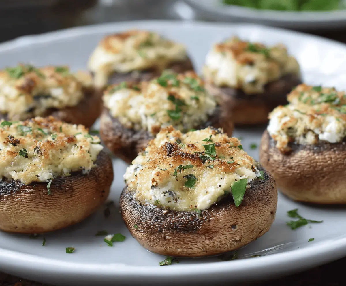 Delicious Boursin stuffed mushrooms garnished with herbs, perfect as an appetizer.