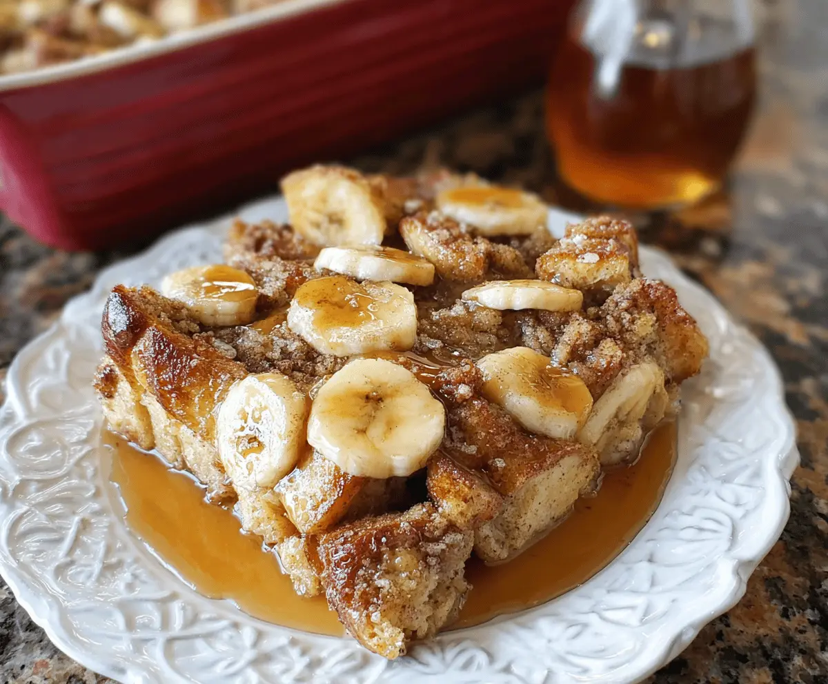 Delicious brown sugar banana French toast casserole topped with fresh bananas and a caramelized glaze