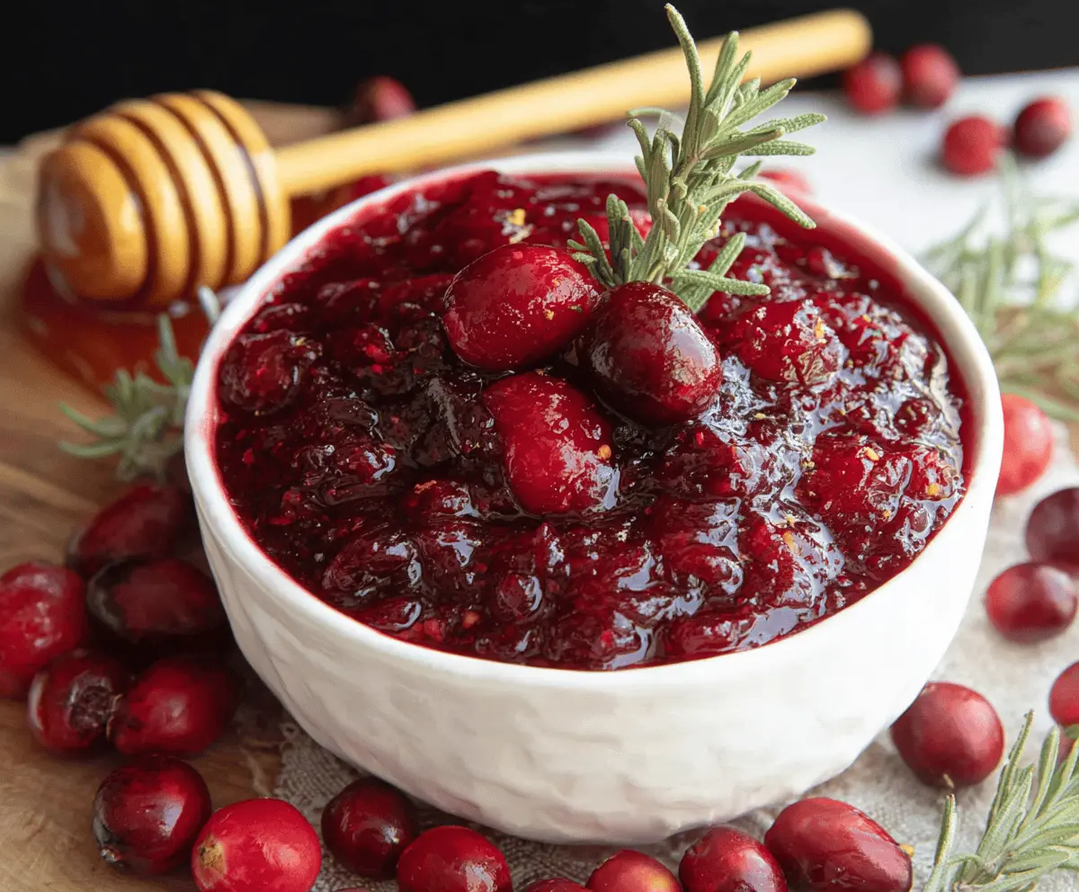 Delicious homemade brown sugar honey cranberry sauce served in a bowl with fresh cranberries.