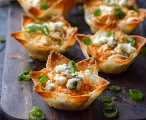 Delicious buffalo chicken wonton cups served as a flavorful appetizer