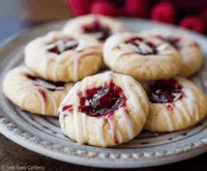 Delicious raspberry jam thumbprint cookie topped with almond glaze, perfect for baking treats.