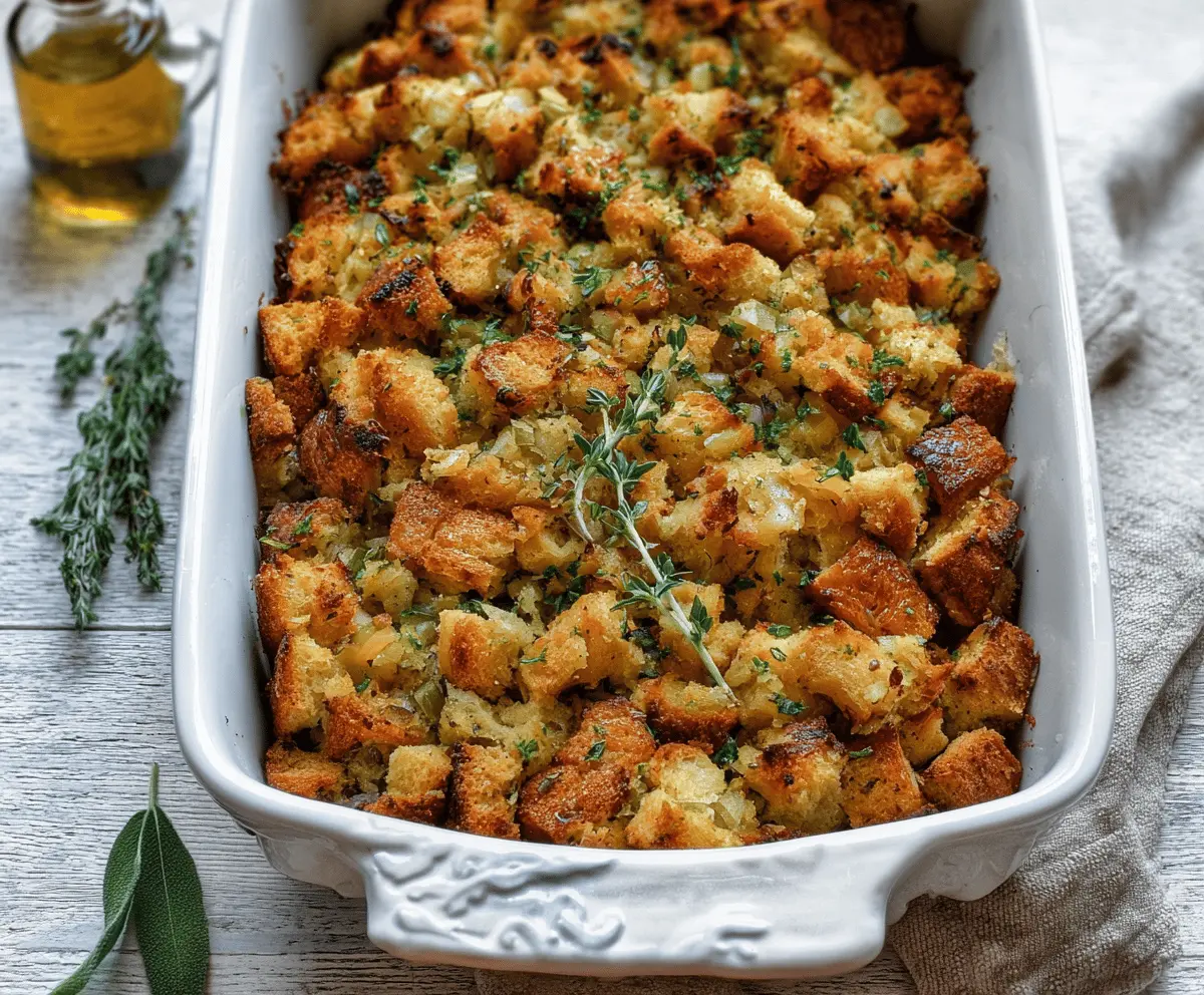 Delicious buttery stuffing for Thanksgiving dinner, perfect as a savory side dish.