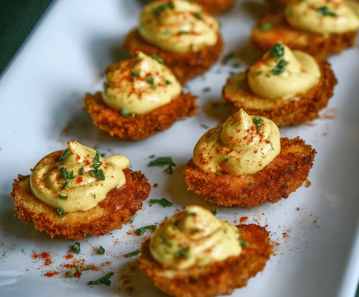 Delicious Cajun Style Fried Deviled Eggs on a plate with spicy seasoning and garnish
