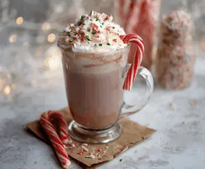Delicious Candy Cane Hot Chocolate topped with whipped cream and a peppermint candy for a festive treat.