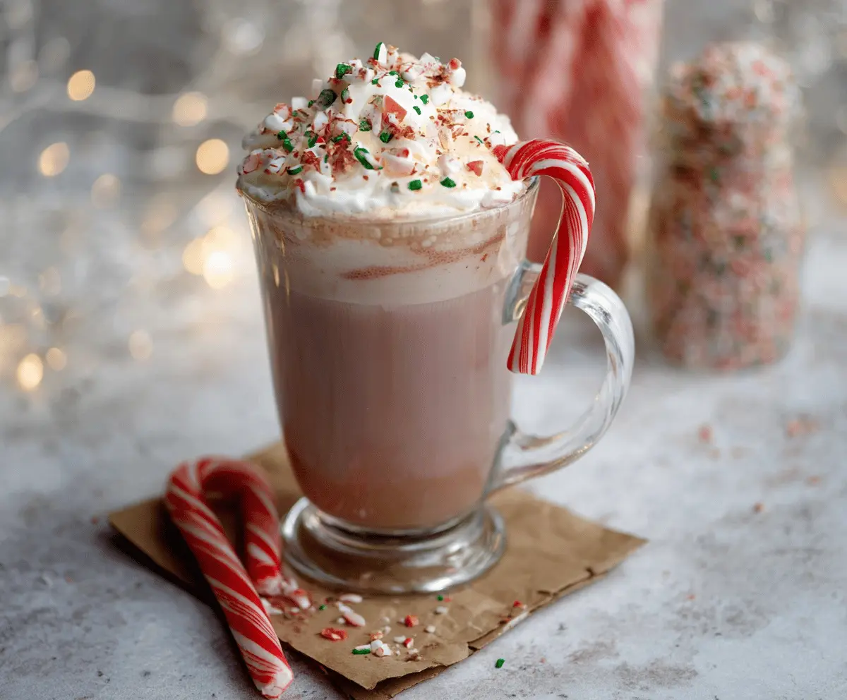 Delicious Candy Cane Hot Chocolate topped with whipped cream and a peppermint candy for a festive treat.