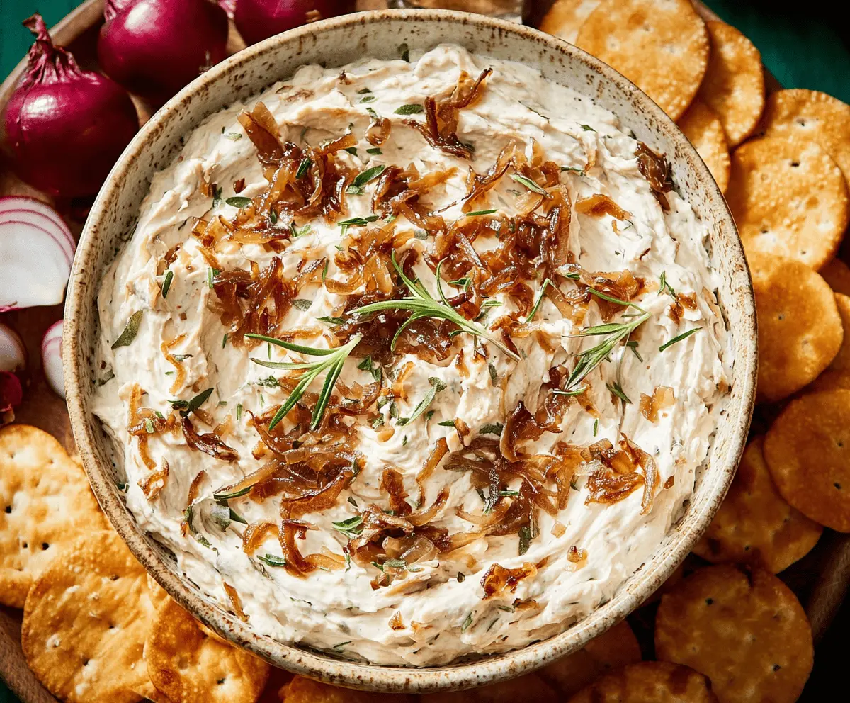 Delicious caramelized onion dip served with crispy chips, perfect for dipping at parties