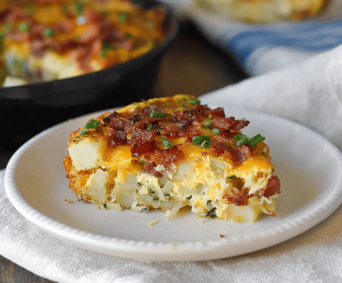 Delicious cheesy bacon and potato breakfast casserole served hot with melted cheese and crispy bacon pieces.