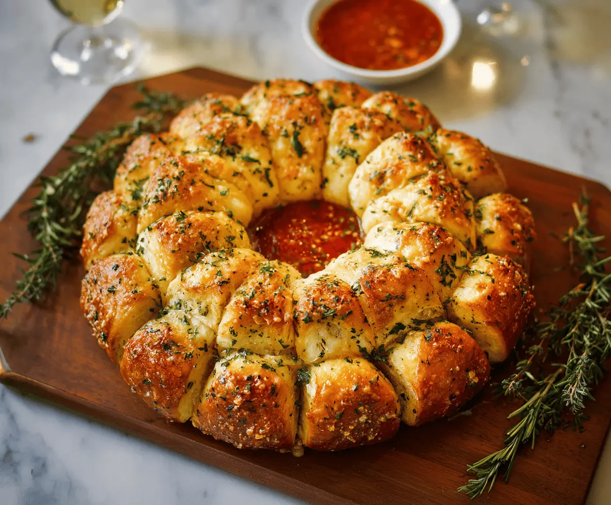 Delicious Cheesy Garlic Pull-Apart Wreath served on a wooden board, perfect for sharing at gatherings.