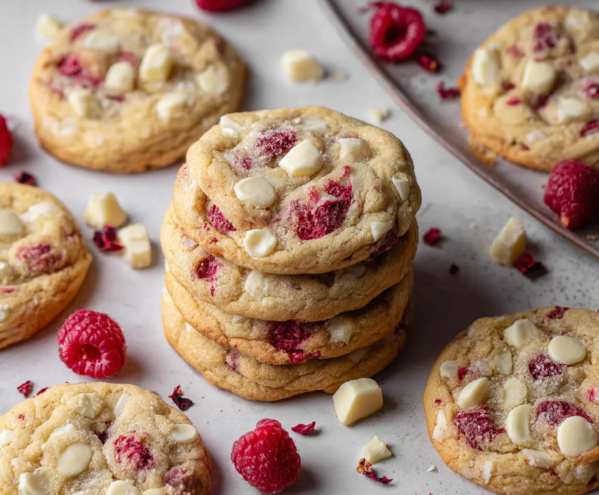 Delicious chewy raspberry white chocolate cookies on a baking tray, perfect for a sweet treat.
