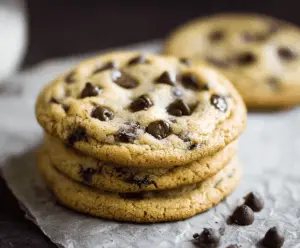 Homemade chocolate chip cookies fresh out of the oven with melting chocolate chips.