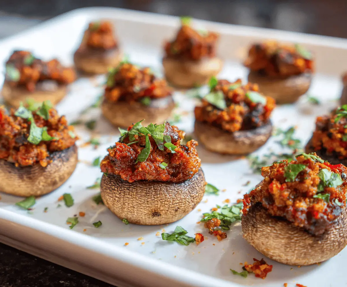 Delicious chorizo stuffed mushrooms baked to perfection, ideal appetizer for parties.