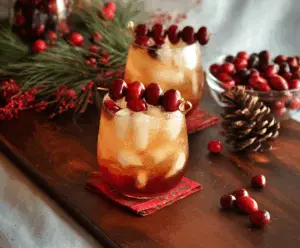 Festive Christmas bourbon cocktails garnished with cinnamon sticks and cherries on a holiday table.