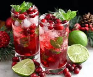 Festive Christmas Cranberry Mojito with fresh cranberries and mint leaves for holiday celebration