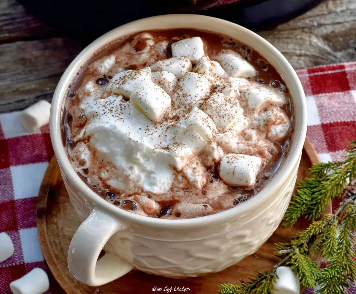 Delicious Christmas Eve Crockpot Hot Chocolate topped with whipped cream and marshmallows.