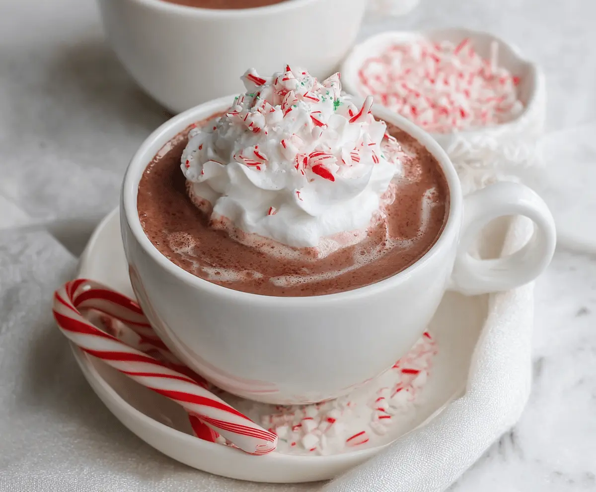 A festive mug of Christmas Peppermint Hot Chocolate topped with whipped cream and crushed peppermint candies.