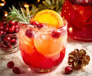 Festive Christmas Punch in a glass pitcher with colorful fruit slices for holiday celebration