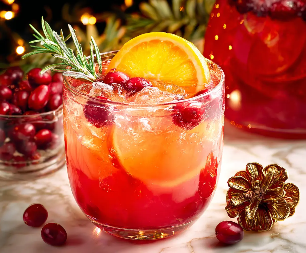 Festive Christmas Punch in a glass pitcher with colorful fruit slices for holiday celebration