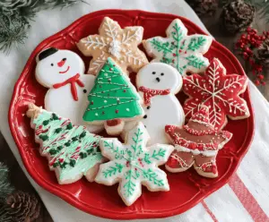 Festive Christmas sugar cookies decorated with colorful icing and sprinkles for holiday celebration.