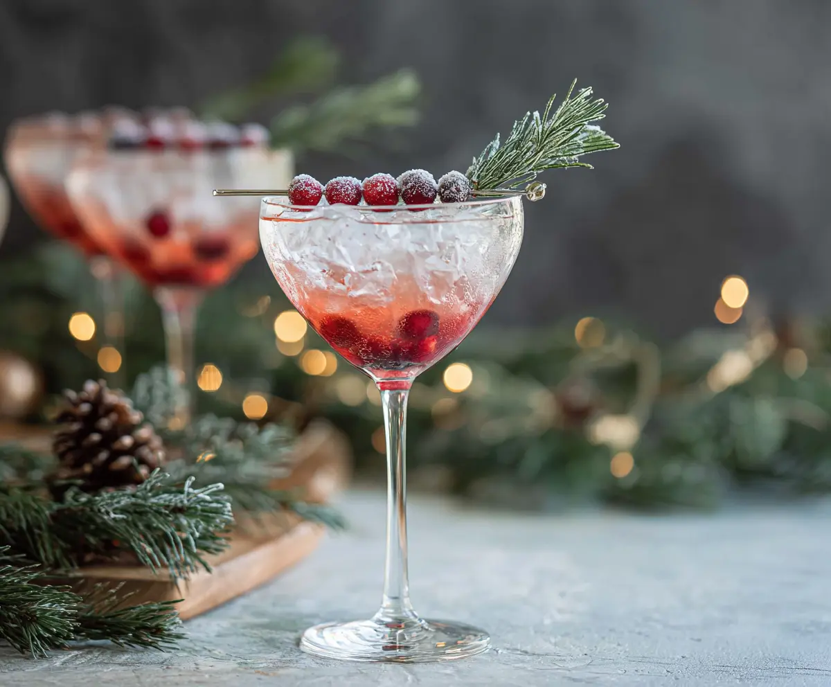 Festive Christmas Vodka Martini garnished with holiday-themed decorations in a elegant glass.