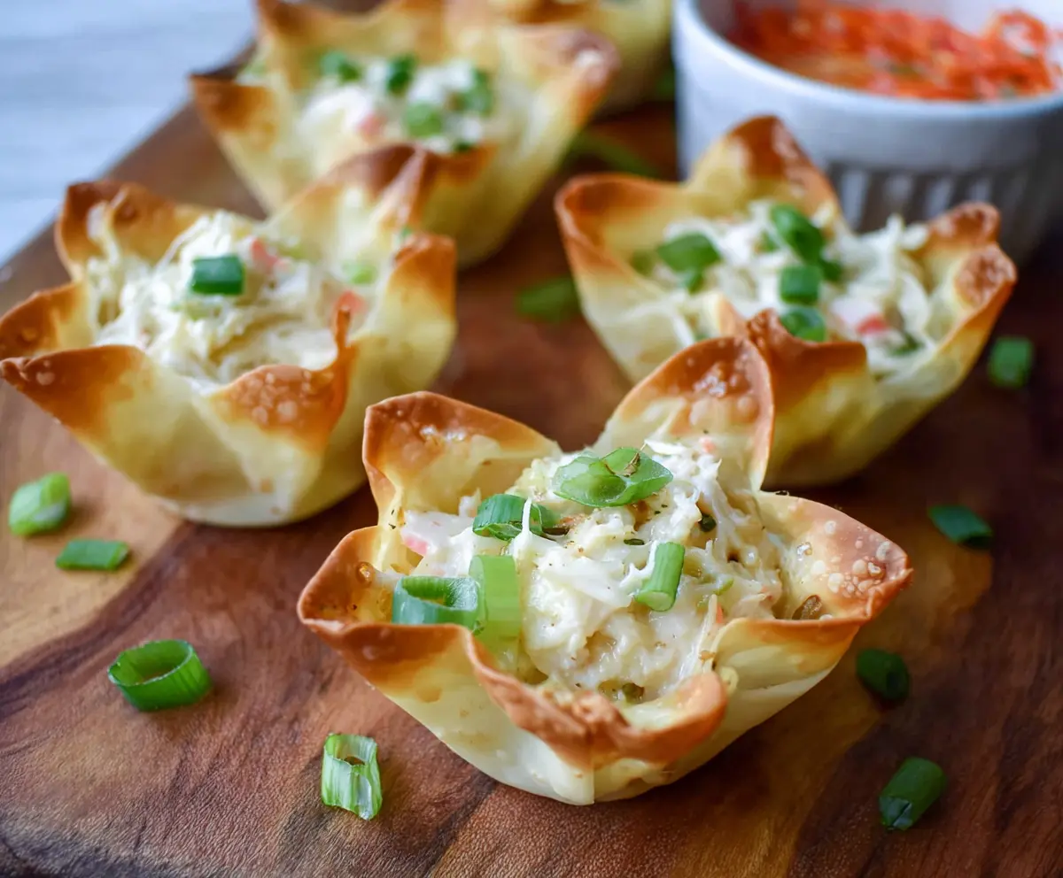 Delicious Crab Rangoon in crispy wonton cups garnished with green onions.