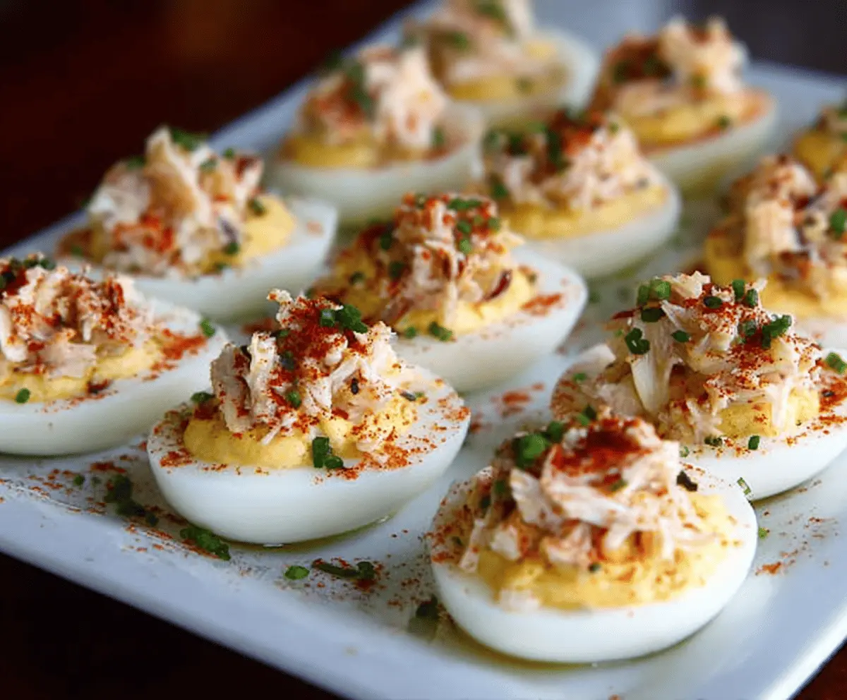 Crab-stuffed deviled eggs garnished with fresh herbs on a white plate