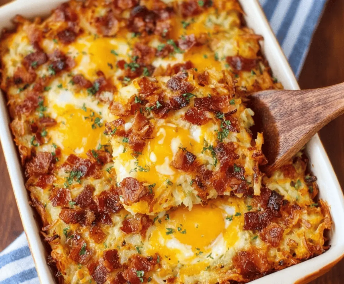Delicious Crack Breakfast Casserole with crispy hashbrowns and melted cheese