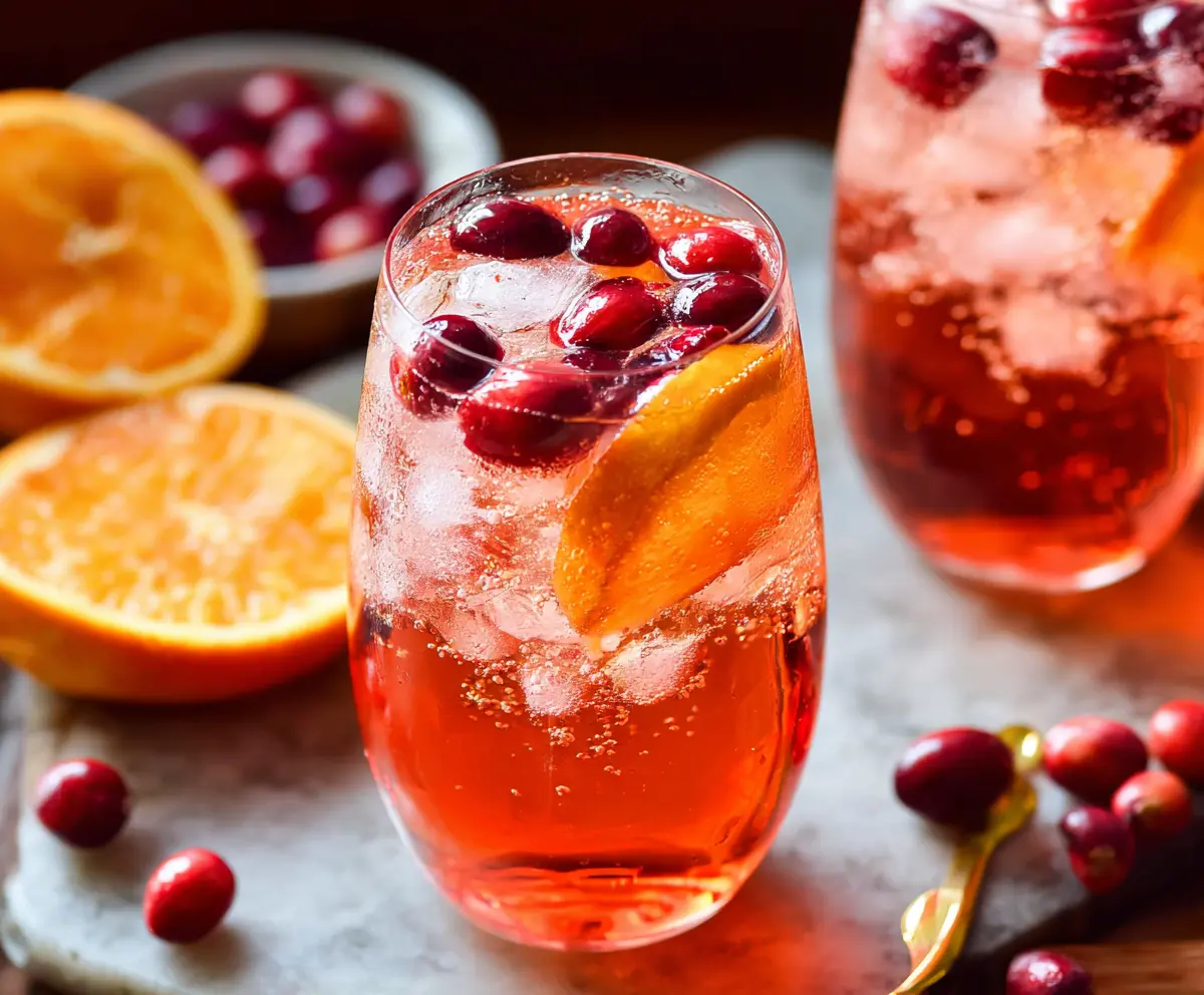 Refreshing Cranberry Aperol Spritz cocktail garnished with fresh cranberries and orange slices.