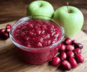 Delicious homemade cranberry apple sauce in a clear glass bowl with fresh cranberries and apple slices.
